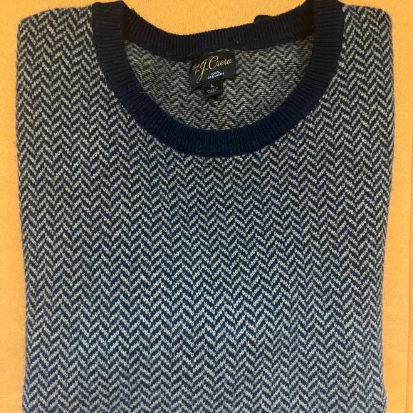 J Crew 100% Cashmere Herringbone Jacquard Crewneck Sweater in Tan & Blue Size L - Picture 3 of 3